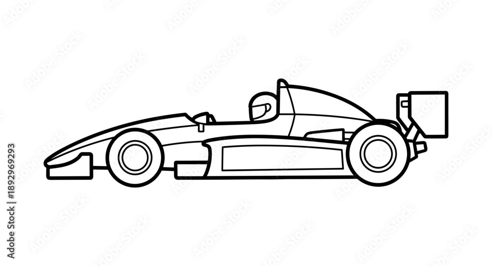 Fototapeta premium Outline drawing of a sleek, modern formula one race car with a driver visible