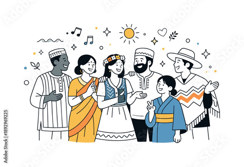 Joyful Cultural Gathering. Cultural celebration illustration. A group of people standing together in festive clothing, sharing smiles and gestures. Calm joyful