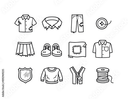 Worn-Out Uniform Icons. Worn-out school uniforms. Line icon set of worn-out school uniforms: torn shirt, frayed collar, ripped trousers, loose button, worn-out