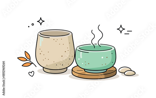 Stoneware Tea Cups. Handcrafted pottery. A close-up scene of stoneware tea cups with organic shapes and earthy tones, expressing craftsmanship and