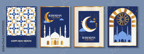 Elegant Ramadan Kareem greeting card set with Islamic geometric patterns, crescent moon, mosque silhouettes Luxury blue and gold vector design in oriental style for Eid celebration, festive invitation