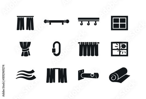 Hanging Curtains Icons. Hanging Lighter Curtains. Solid icon set of Hanging Lighter Curtains: sheer curtain panel, curtain rod, ceiling rail, window frame,