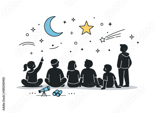 Stargazers in Harmony. Night sky gathering. A group of people silhouetted against a starry background, peaceful pause and collective focus on the universe.