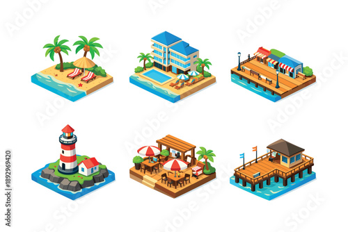 Isometric Summer Scenery. Summer travel places. Isometric flat vector icons set of Summer travel places: tropical beach with palm trees, seaside resort hotel,