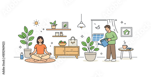 Eco-Friendly Minimalist Home. Having dinner with family. Family members sitting around a dining table, sharing a meal and talking calmly together. Warm