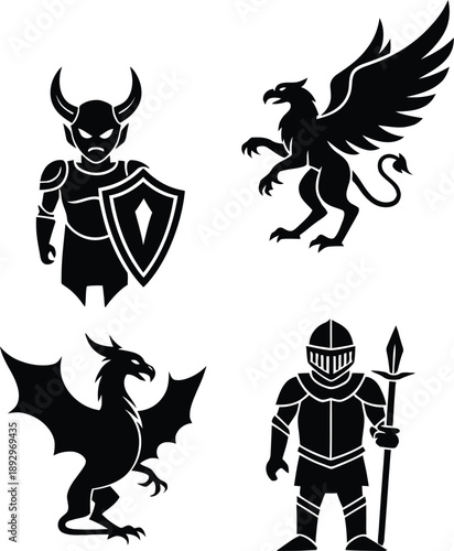 Set of black fantasy silhouettes featuring a horned demon warrior, mythical griffin, flying dragon and medieval knight armor isolated on white.