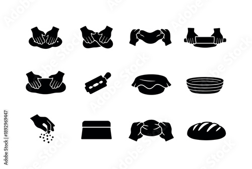Handmade Dough Icons. Handmade dough techniques. Solid icon set of handmade dough techniques: kneading hands, folding dough, stretching dough, rolling dough,