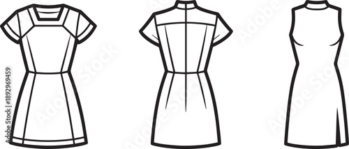 Set of women's dresses flat sketch front and back view fashion illustration