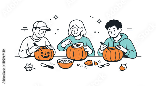 Pumpkin Carving Fun. Friends carving pumpkins. Friends sitting together at a table, carving pumpkins with simple tools. Cozy autumn activity and shared
