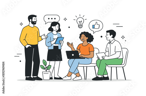 Collaborative Workspace Scene. Belonging at work. Colleagues standing and sitting together, calmly sharing ideas and feedback. Friendly interaction and mutual