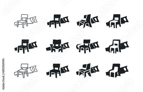 Woodworking Logo Variations. Woodworking and building furniture. Icon set. Set Logo of woodworking and building furniture: hand saw. harmonious logo variations