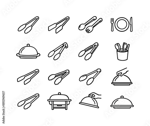 Serving Tongs Icons. Serving Tongs. Line icon set of Serving Tongs: serving tongs, buffet grip, flat paddle ends, salad tongs, table setting, serving tray,