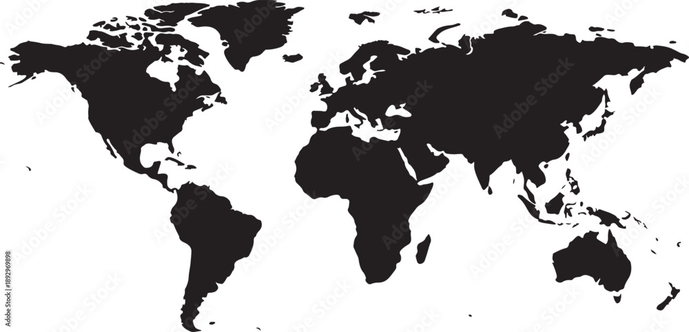 Obraz premium Black silhouette of map with all continents and major regions on white background also transparent background