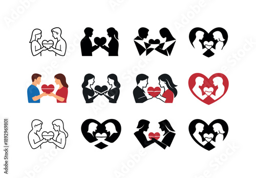 Gift Exchange Icons. happy couple exchanging thoughtful gifts. Icon set. Set Logo of happy couple exchanging thoughtful gifts: heart-shaped gift box.