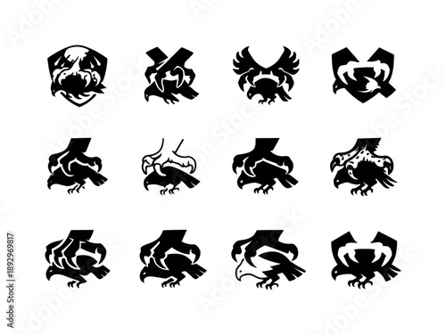 Predatory Bird Logos. Predatory birds. Icon set. Set Logo of predatory birds: talons clutching prey. harmonious logo variations of the same emblematic concept,