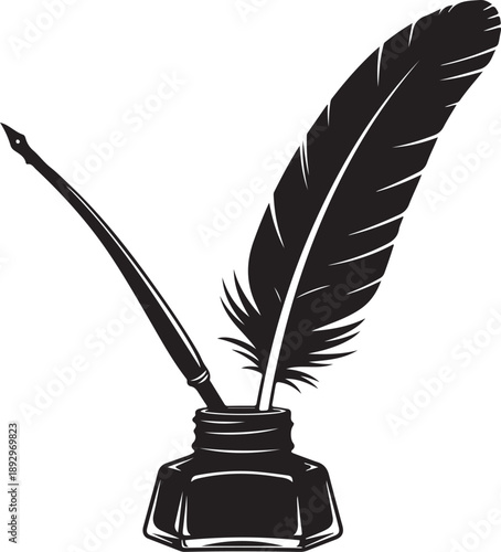 Vintage quill pen with inkwell illustration, classic symbol of writing and literature, isolated on a clean white background.eps