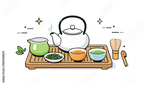 Serene Tea Arrangement. Traditional tea setup. A neatly arranged teapot, cups, and tray placed in a balanced composition. The mood feels respectful, orderly,