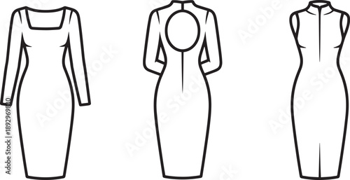 Set of three different elegant dresses vector illustration line art collection