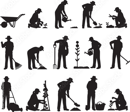 Black and white of people gardening with various tools and actions also transparent background gardeners