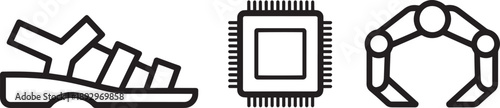 Set of three distinct black and white icons including sandals, chip, robot claw