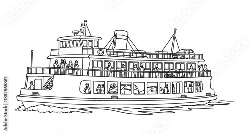 Line drawing of a busy ferry boat carrying passengers and cars across the water