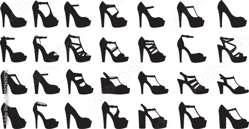 Black heeled shoes and sandals with various on white background also transparent background platform