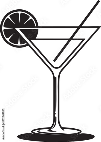 Black line martini glass with olive on toothpick and straw also transparent background line black and white