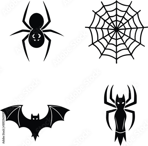 Set of black halloween silhouettes including a creepy spider and cobweb plus a flying vampire bat and tribal monster icon isolated on white.