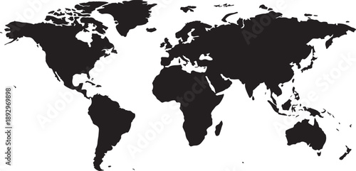 Black silhouette of map with all continents and major regions on white background also transparent background