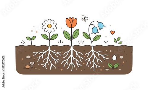 Growth and Transformation. Roots to flowers illustration. A clean cutaway of soil showing roots below and blooming flowers above, symbolizing growth and