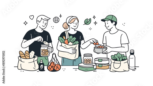 Sustainable Grocery Preparation. Reusable products lifestyle scene. Friends preparing groceries using reusable bags and containers, showing collaboration,