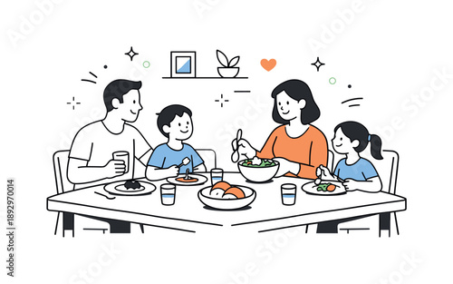 Family Dinner Bliss. Family dinner at home. A family gathers around the dining table, sharing a simple meal and calm conversation. Warm atmosphere, connection,