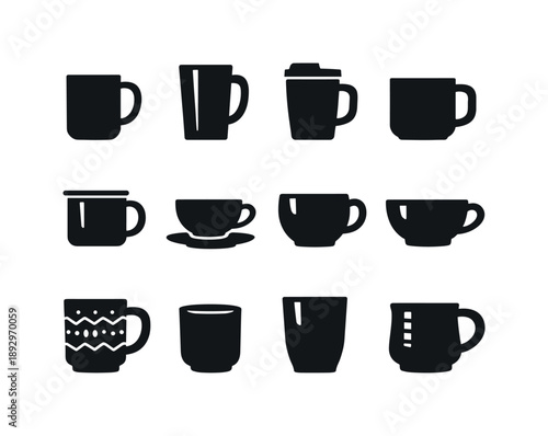 Mug Icon Variations. Mug variations. Solid icon set of mug variations: classic mug, tall mug, travel mug, camp mug, enamel mug, teacup silhouette, latte cup,