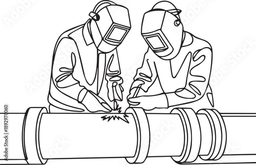 Two workers welding a large pipe together in an industrial setting from a side view