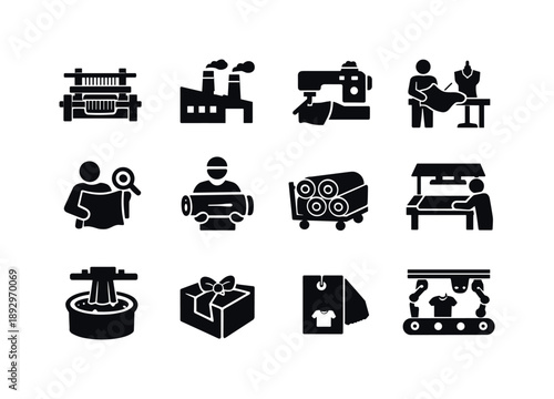 Textile Industry Icons. Textile Industry. Solid icon set of Textile Industry: industrial loom, textile factory, automated sewing, pattern cutter, quality