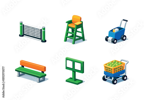 Tennis Icons Grid. Tennis court. Isometric flat vector icons set of tennis court: net post, umpire chair, line marker, court bench, scoreboard stand, ball
