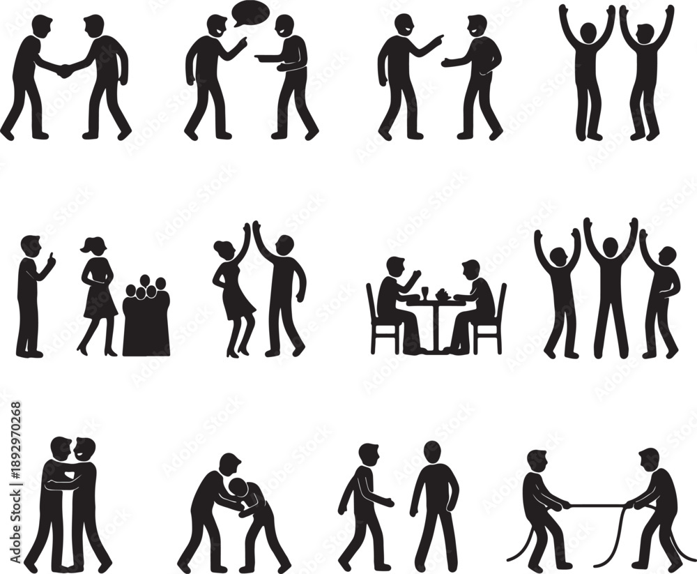 Fototapeta premium Black silhouettes of people showing various social interactions and team activities also transparent background