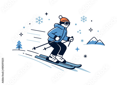 Skiing Adventure Art. Winter sports (skiing, snowboarding). A skier gliding down a snow-covered slope with gentle motion lines and abstract snowflakes floating