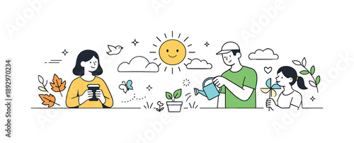 Seasonal Flat Design. Seasonal Banner Flat Design. A wide, airy composition with simple characters and seasonal elements like leaves, sun, or clouds arranged