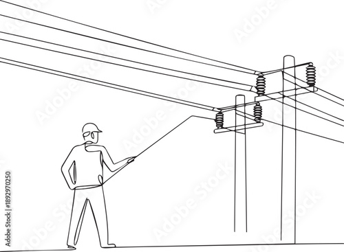 Electrician inspecting power lines on utility poles outdoors