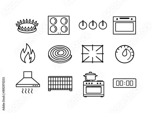 Stove Icon Set. Stove. Line icon set of Stove: gas stove burner, electric cooktop, control knobs, oven door, flame icon, heat coil, stovetop grates,