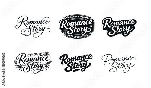 Romantic Lettering Styles. romance story text set. Set lettering. harmonious lettering variations of the same emblematic concept, each with different artistic