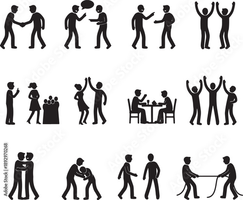 Black silhouettes of people showing various social interactions and team activities also transparent background
