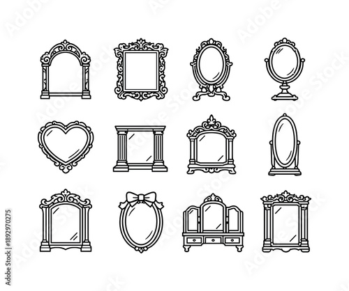 Victorian Mirror Icons. Victorian Mirror Designs. Line icon set of Victorian Mirror Designs: intricate mirror arch, ornamental frame, clawfoot base mirror,