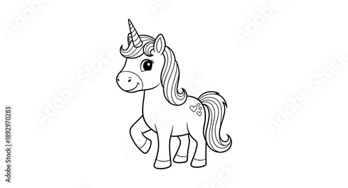 Cute cartoon unicorn with hearts on its side, ready for coloring and imagination