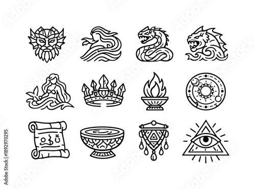 Atlantean Myth Icons. Atlantean deities and myths. Line icon set of Atlantean deities and myths: sea god mask, wave spirit, guardian serpent, tidal beast,