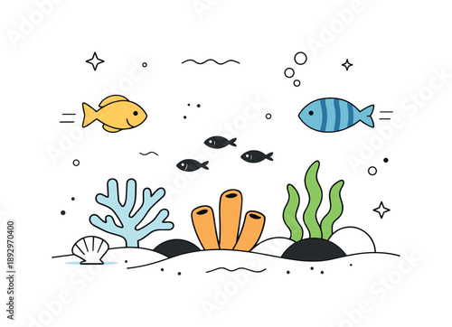 Underwater Minimalism. Minimal ocean biodiversity composition. Simple underwater scene with fish, corals, and abstract decorative elements, emphasizing