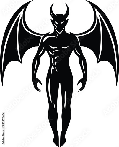 Mystical black silhouette of a horned demon with bat wings standing in a powerful pose isolated on white for dark fantasy horror and underworld concepts.