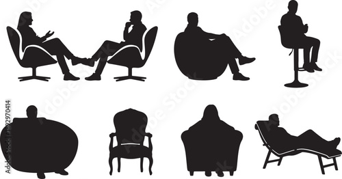 Flat minimalist silhouettes of people sitting in various postures on chairs and lounging on furniture also transparent background