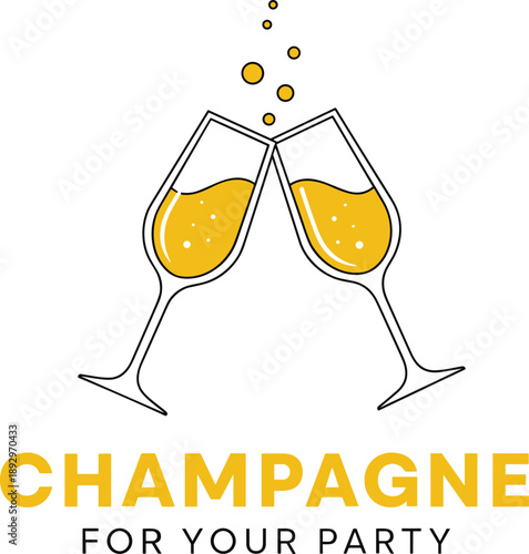 Champagne flutes with yellow liquid and bubbles glasses